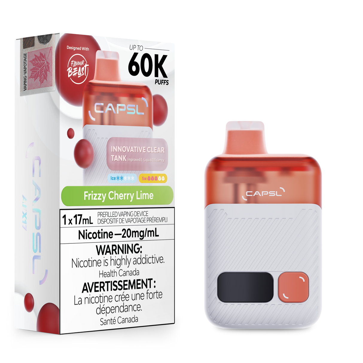 CAPSL 60K Frizzy Cherry Lime disposable vape offering 60000 puffs and 20mg nicotine shown with device and product box.