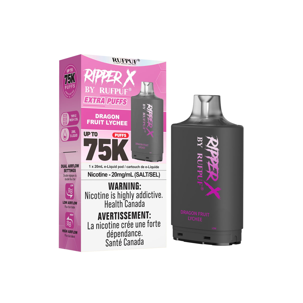Dragon-Fruit-Lychee Ripper X 75k Vape Pod - Nicotine Strength 20mg/ml - E-Liquid Quantity 20ml - Puff Count 75000.