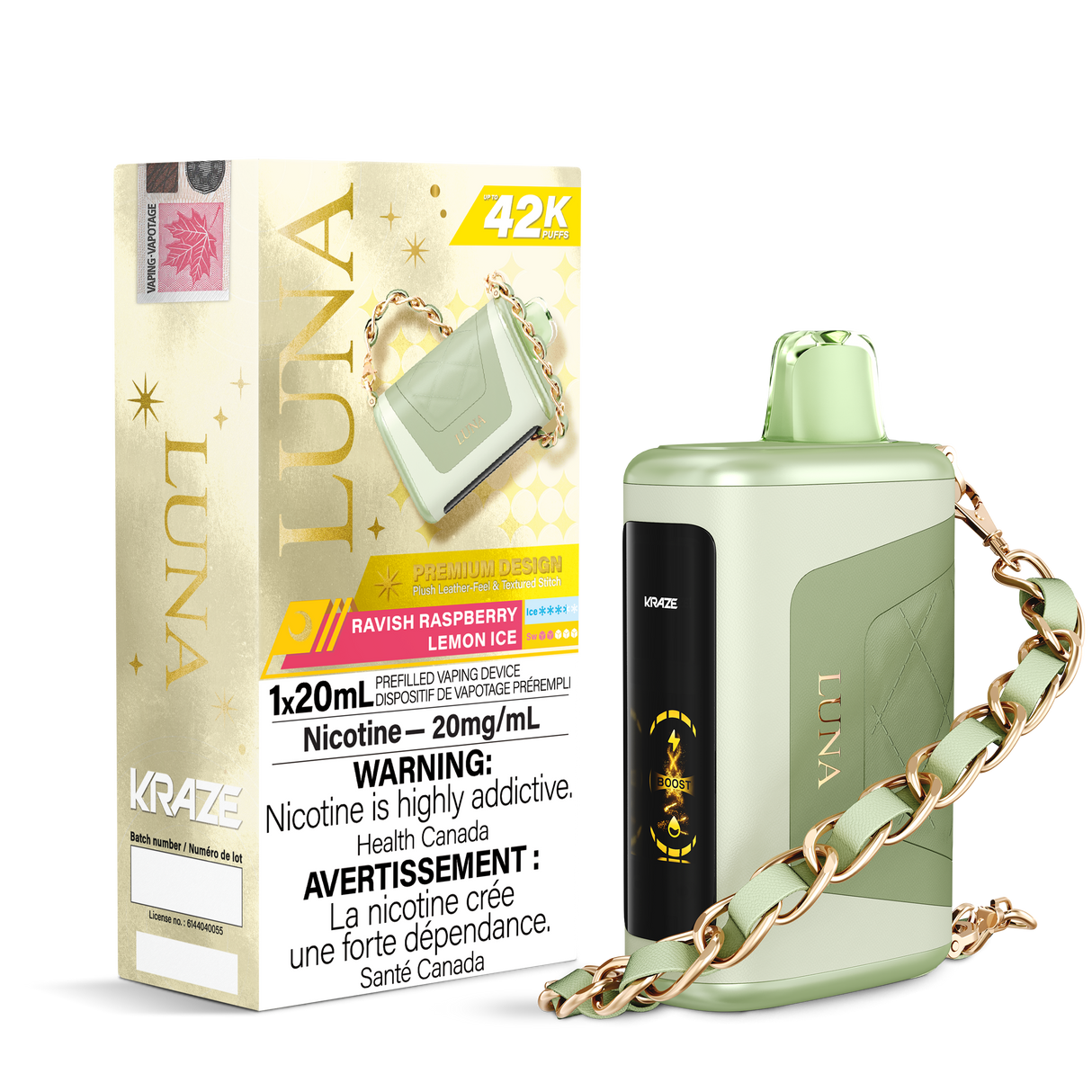 KRAZE LUNA 42k Puffs Disposable Vape, 20mL Prefilled vaping device. Ravish Raspberry Lemon IceKRAZE LUNA 42k Puffs Disposable Vape, 20mL Prefilled vaping device. White Cocoa Swirl