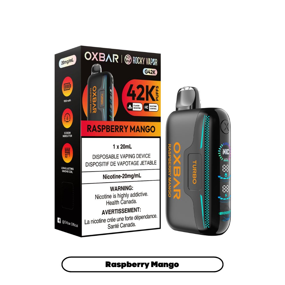 Rocky Vapor Oxbar G42K - Raspberry Mango Disposable Vape. 20ml e-liquid, 20mg/ml nicotine. 42K Puffs