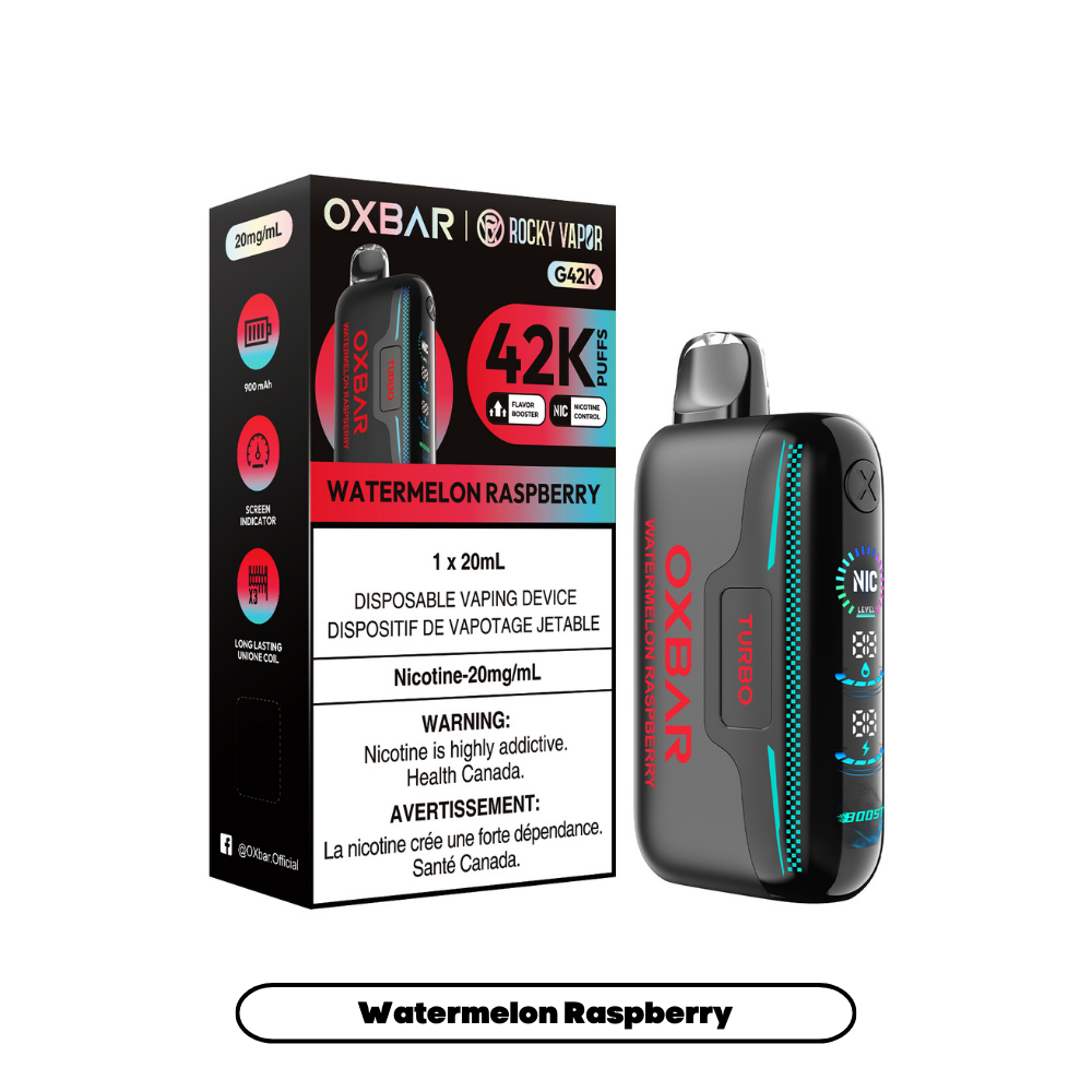 Rocky Vapor Oxbar G42K - Watermelon Raspberry Disposable Vape. 20ml e-liquid, 20mg/ml nicotine. 42K Puffs