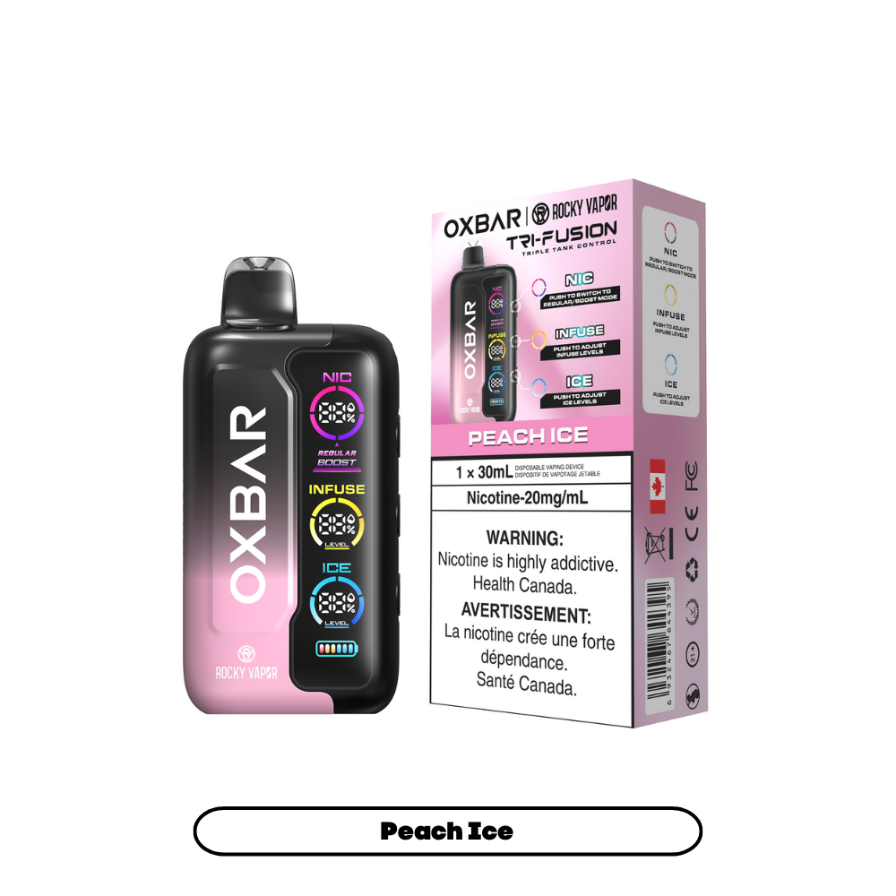 Peach Ice - Oxbar Rocky Vapor Tri Fusion Disposable Vape - 30mL - 30000+ Puffs - Nicotine Strength 20mg/mL.