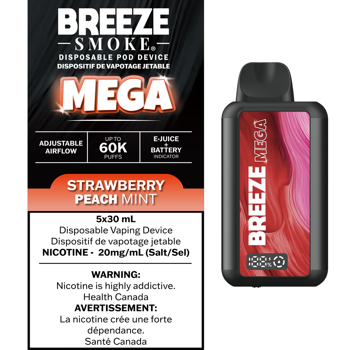 Strawberry Peach Mint – Breeze Mega 60000 Puffs – 20mg Nicotine – 30mL e-liquid