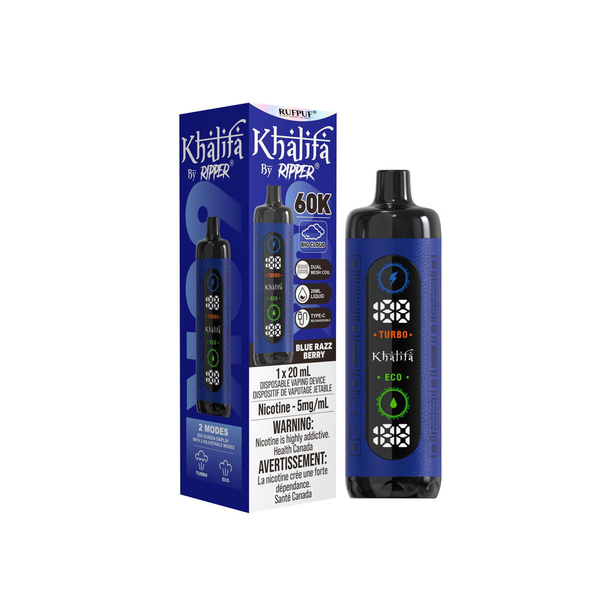 Blue Razz Berry - Khalifa By Ripper Disposable vaping device - 20ml - Nicotine 5mg/ml - 60000 Puffs.