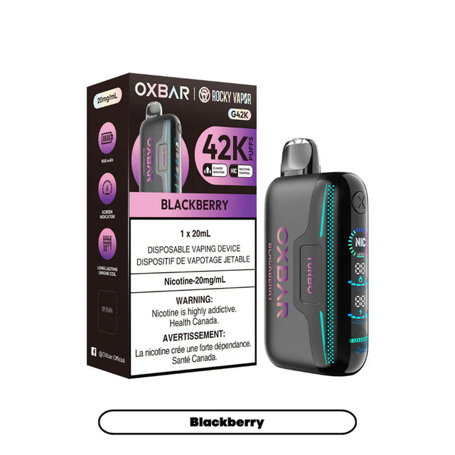 Rocky Vapor Oxbar G42K - Blackberry Disposable Vape. 20ml e-liquid, 20mg/ml nicotine. 42K Puffs