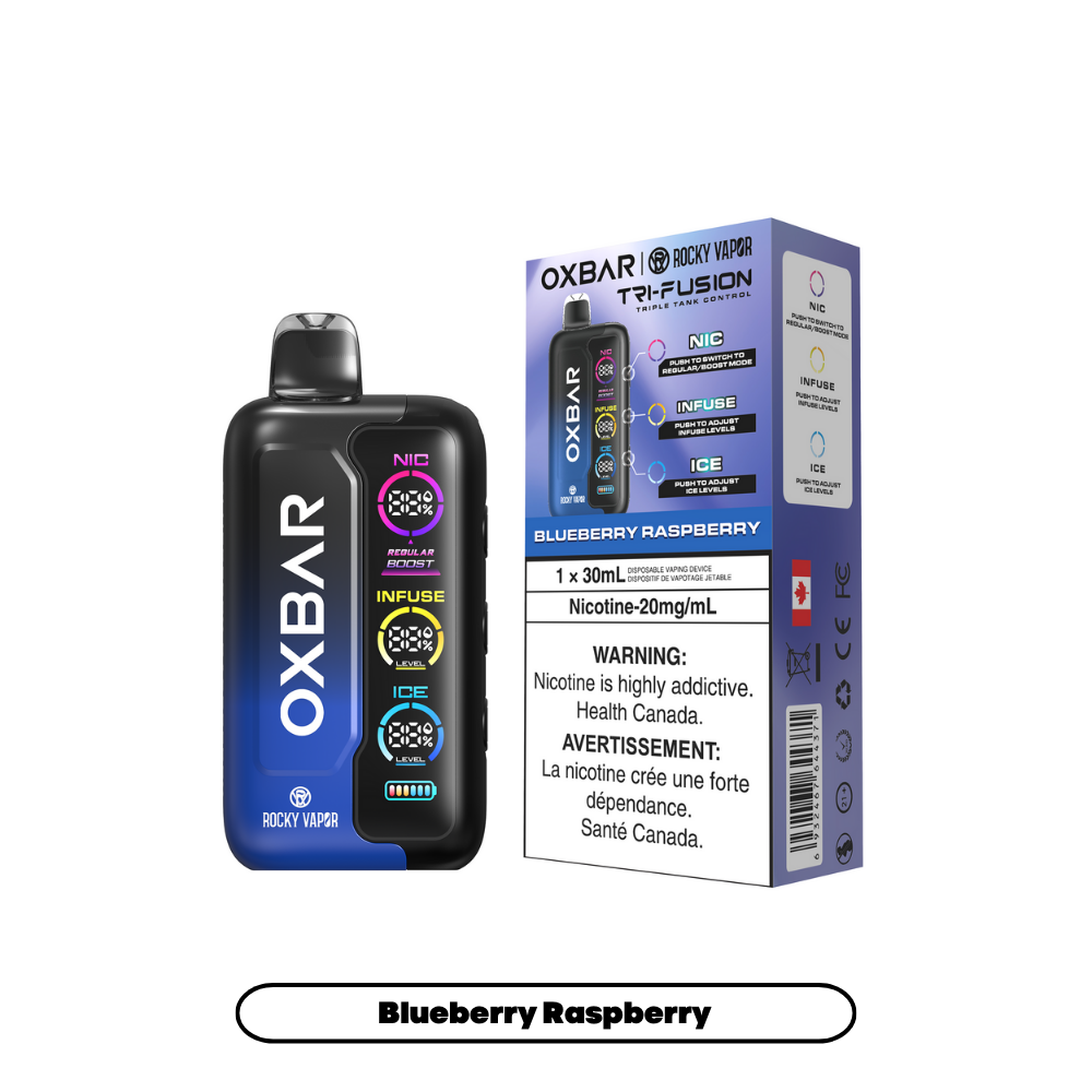 Blueberry Raspberry - Oxbar Rocky Vapor Tri Fusion Disposable Vape - 30mL - 30000+ Puffs - Nicotine Strength 20mg/mL.