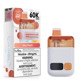 CAPSL 60K Juicy Peach disposable vape with 60000 puffs and 20mg nicotine strength shown with device and packaging.