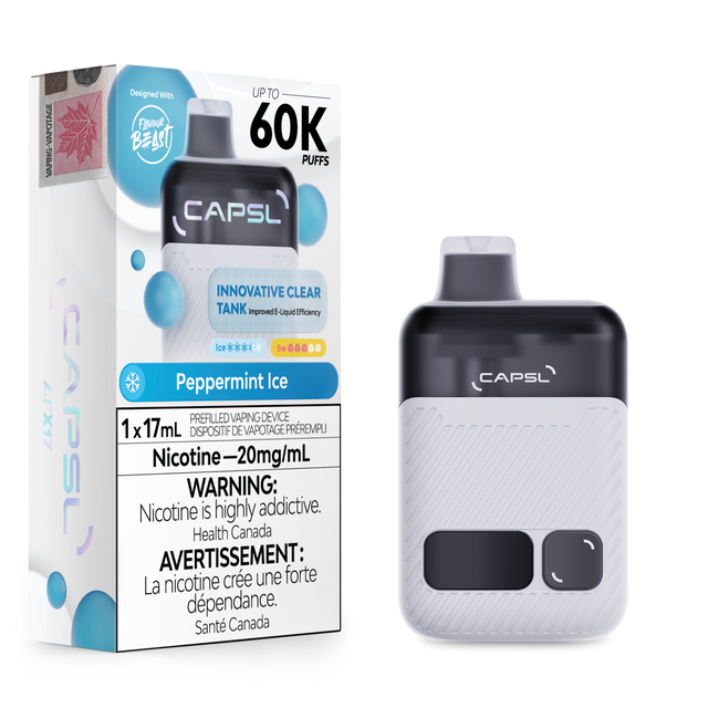 CAPSL 60K Peppermint Ice disposable vape featuring 60000 puffs and 20mg nicotine displayed with device and retail box.