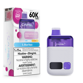 CAPSL 60K S. Blue Razz disposable vape with 60000 puffs and 20mg nicotine strength displayed with device and product box.