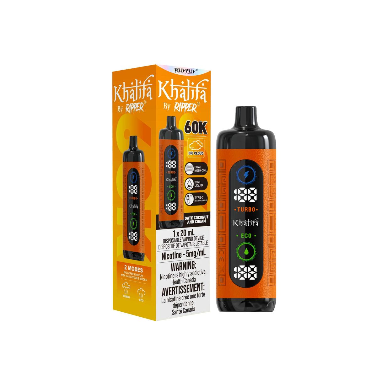 Date Coconut and Cream – Khalifa Bar Shisha Vape 60K Hookah Disposable 20mL.