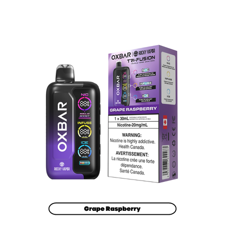 Grape Raspberry - Oxbar Rocky Vapor Tri Fusion Disposable Vape - 30mL - 30000+ Puffs - Nicotine Strength 20mg/mL.