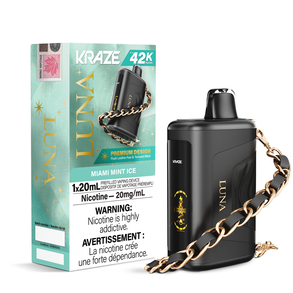 Miami Mint Ice - 42000 puffs - 20mg/ml nicotine strength - 20ml e-juice - KRAZE LUNA Disposable Vape 42K