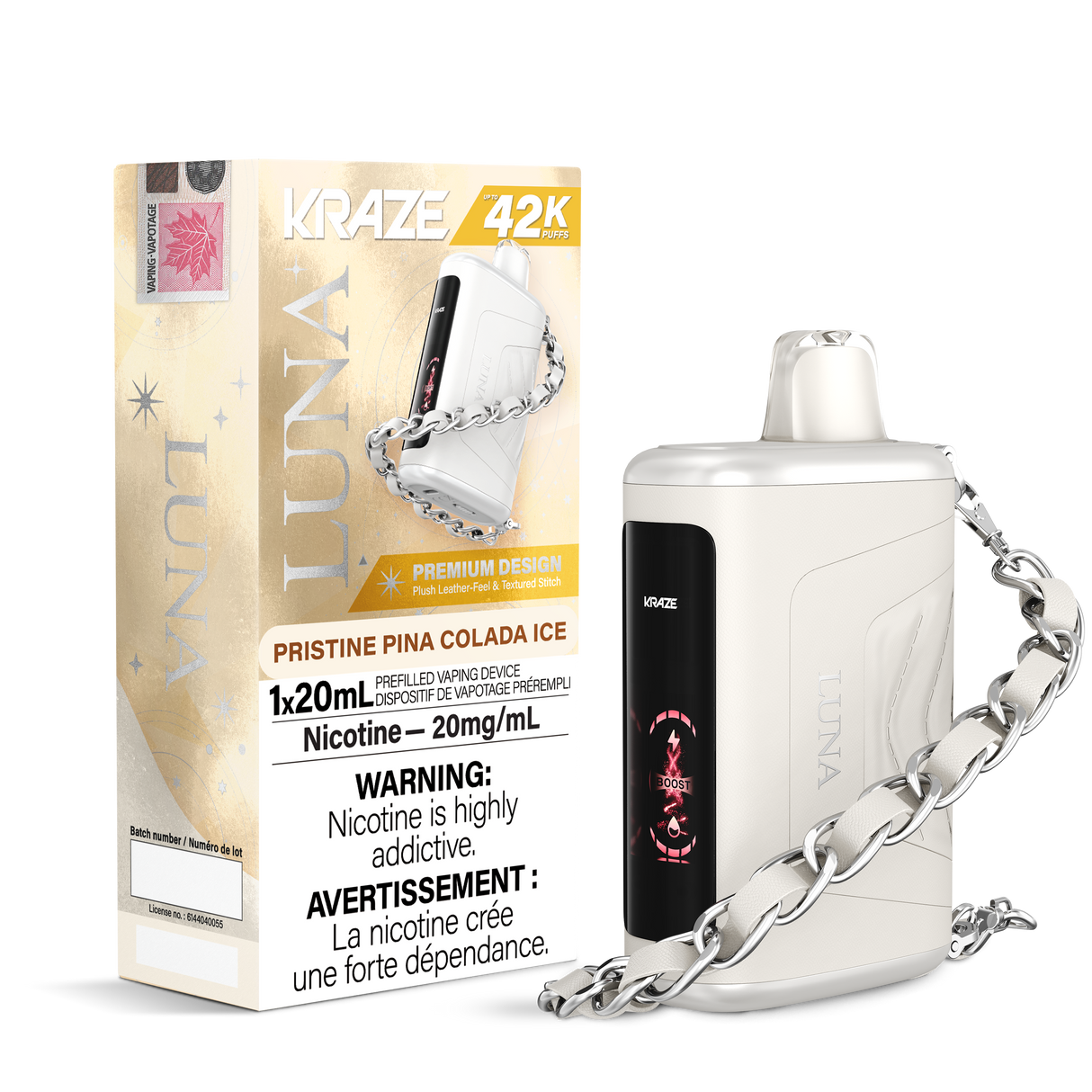 Pristine Pina Colada Ice - 42000 puffs - 20mg/ml nicotine strength - 20ml e-juice - KRAZE LUNA Disposable Vape 42K