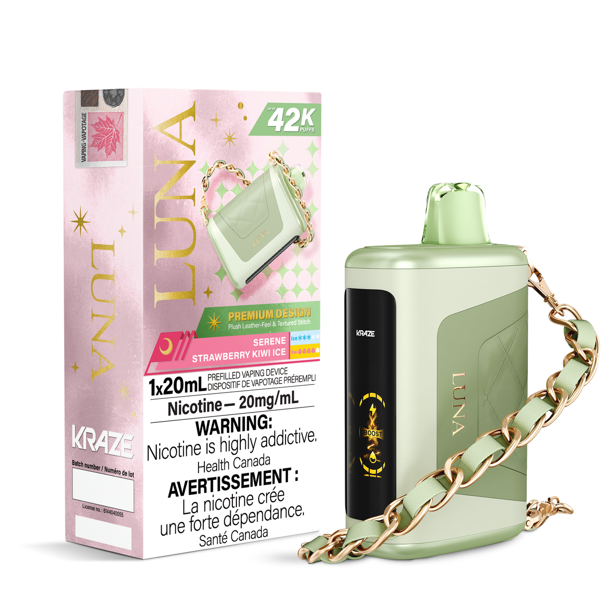 KRAZE LUNA 42k Puffs Disposable Vape, 20mL Prefilled vaping device. Serene Strawberry Kiwi Ice