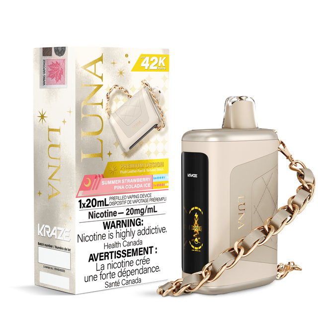 KRAZE LUNA 42k Puffs Disposable Vape, 20mL Prefilled vaping device. Summer Strawberry Pina Colada Ice