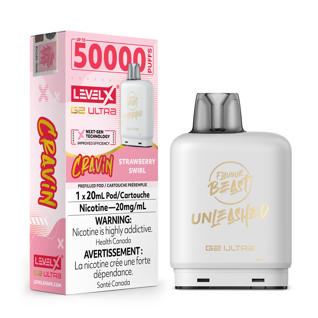 Cravin Strawberry Swirl Flavour Beast Unleashed Level X G2 Ultra Vape Pod. 20mg/ml nicotine strength and 20mL e-liquid.