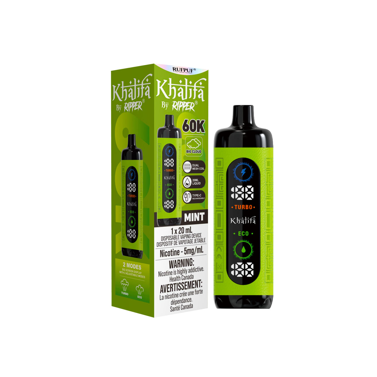 Khalifa Bar by Ripper Mint flavour - pure, refreshing mint with up to 60,000 puffs of premium hookah vaping.