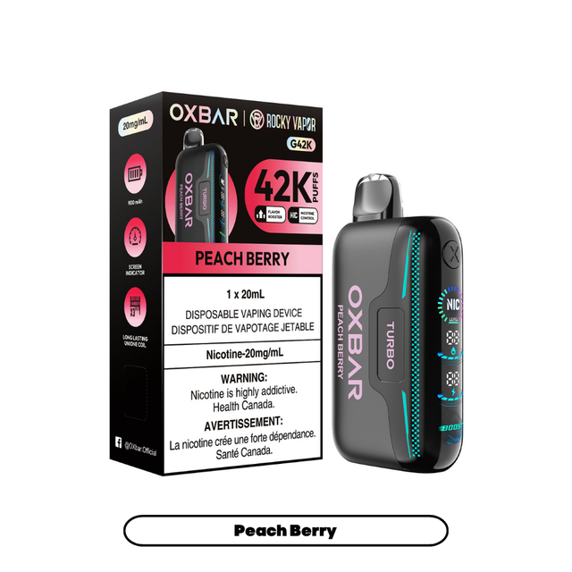 Rocky Vapor Oxbar G42K - Peach Berry Disposable Vape. 20ml e-liquid, 20mg/ml nicotine. 42K Puffs