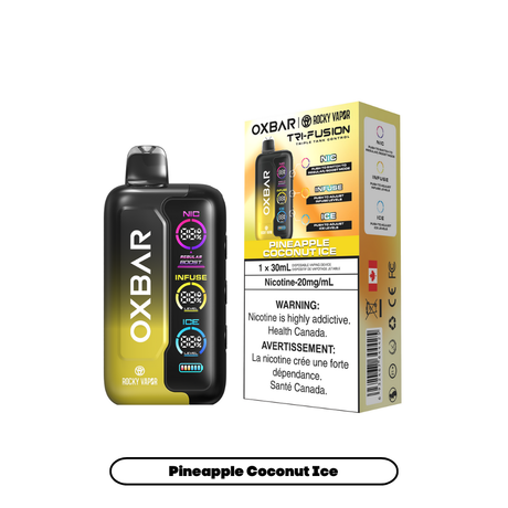 Pineapple Coconut Ice - Oxbar Rocky Vapor Tri Fusion Disposable Vape - 30mL - 30000+ Puffs - Nicotine Strength 20mg/mL.
