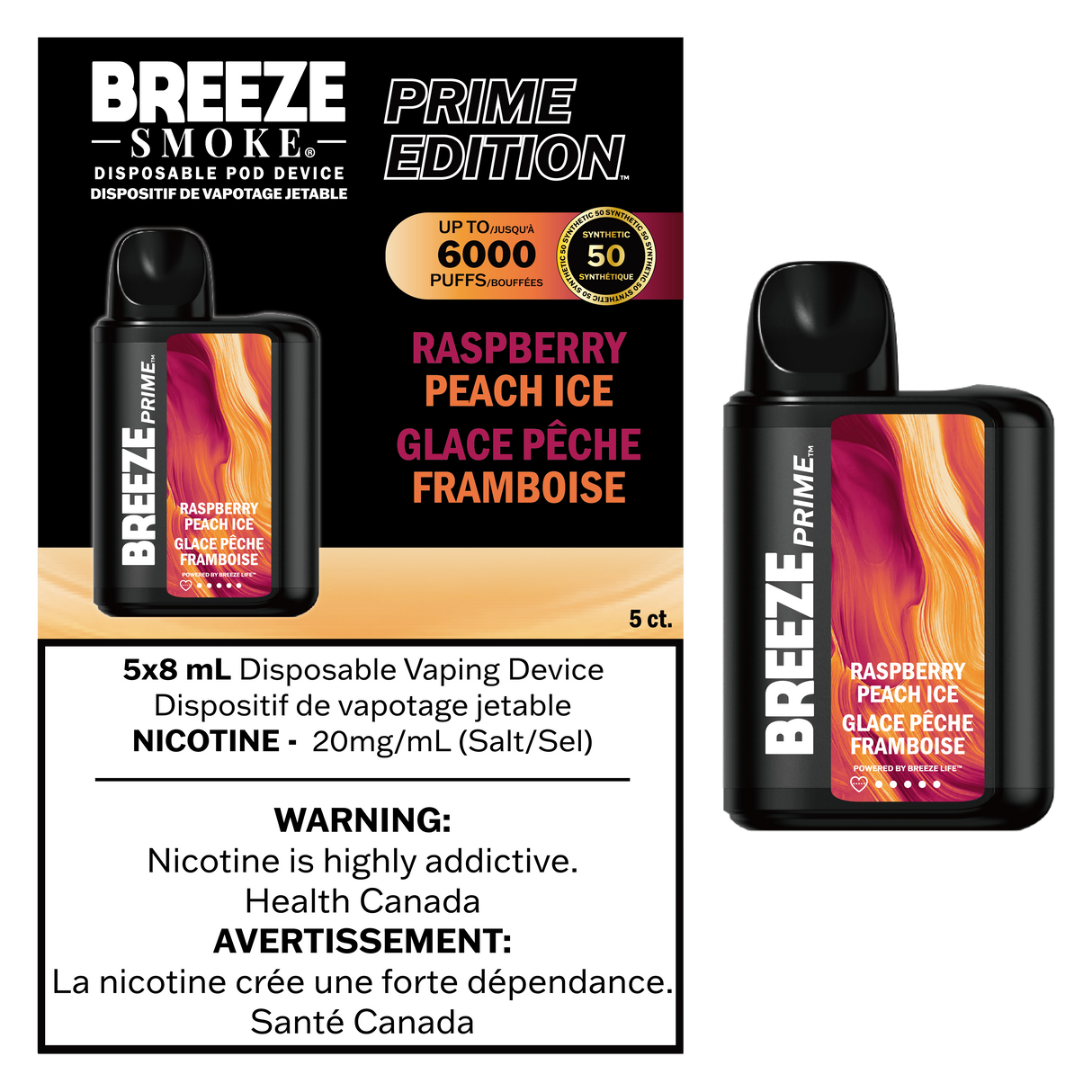Breeze Prime Disposable Vape 6000 - Raspberry Peach Ice