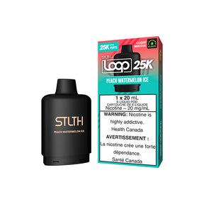 STLTH Loop 25K Pod – Peach Watermelon Ice – Juicy peach and watermelon blend with a menthol chill, 20mg/ml nicotine, 25,000 puff capacity.